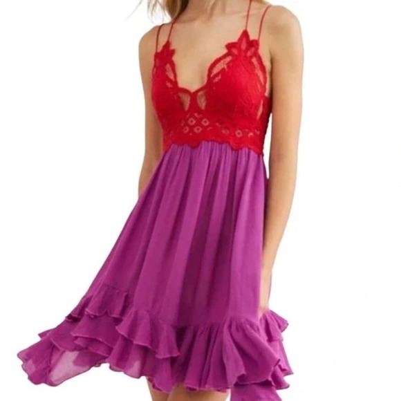 Free People Adella Lace Slip Dress in Lipstick purple and red lace Size small - Picture 9 of 15